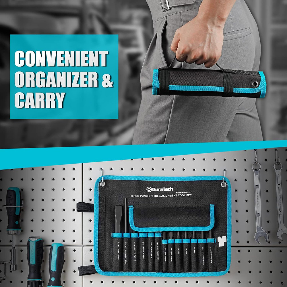 14 Pc Punch Chisel and Alignment Tool Set with Rolling Pouch