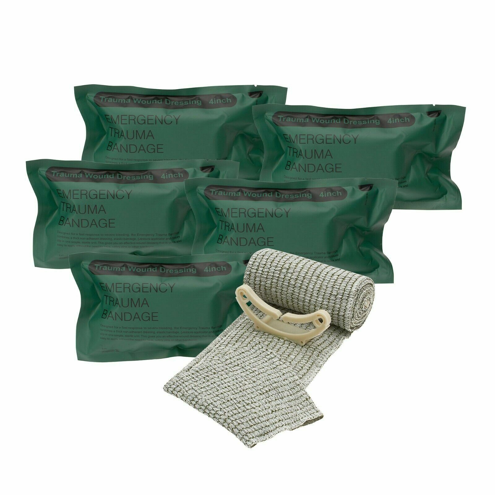 5 PACK 4" Trauma Bandage Emergency Israeli Style Battle Wound Dressing First Aid