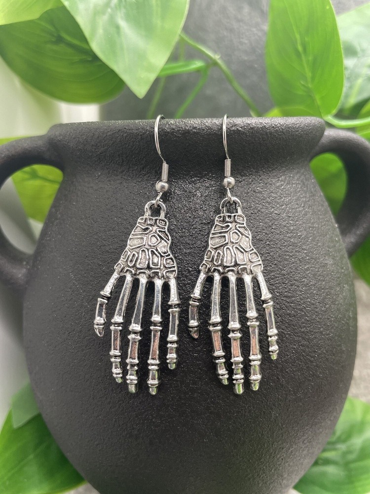 2” Silver-Tone Earring Set Skeleton Hands Boho Dangle Drop New Free Ship A3114