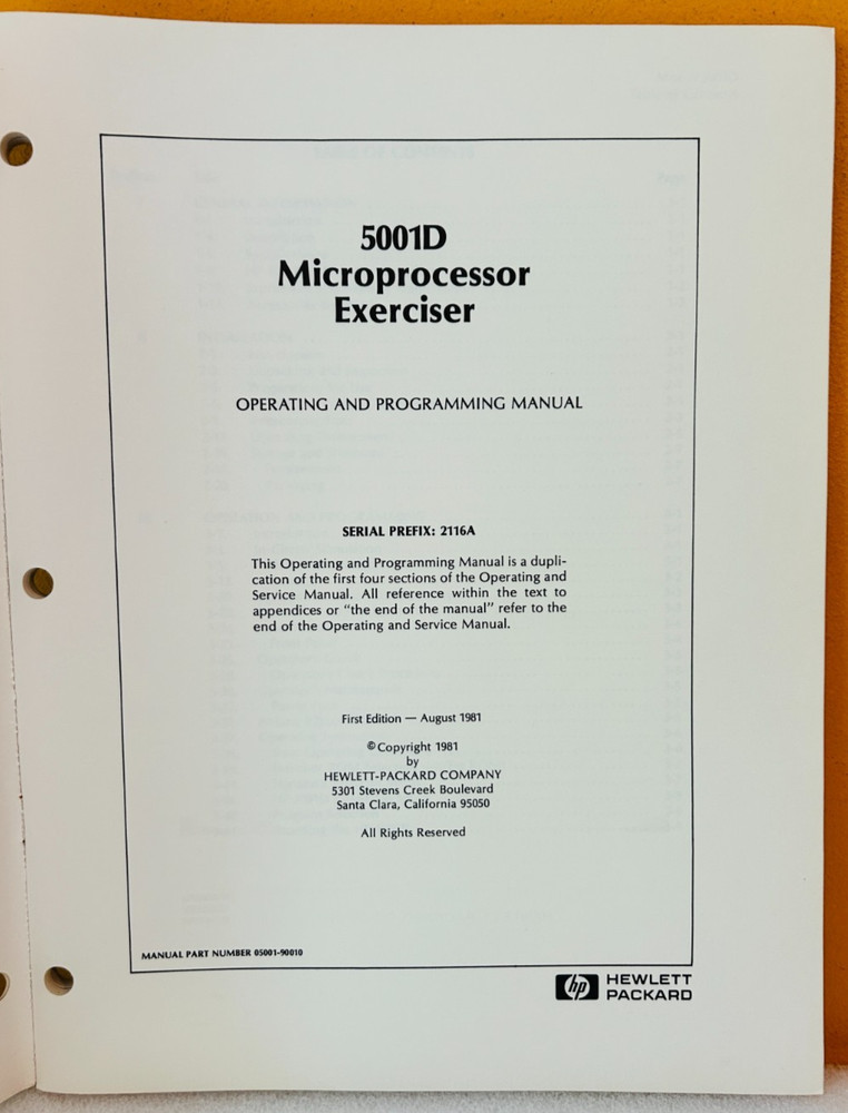 HP 05001-90010 1981 5001D Microprocessor Exerciser Oper & Programming Manual.