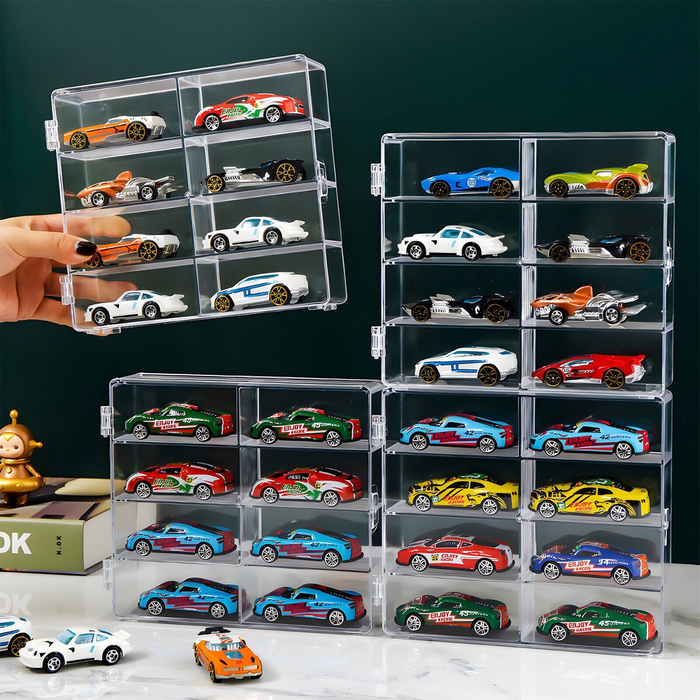 4x Organizer Box Display Case 8 Car for 1/64 Hotwheels Diecast Locking Stackable