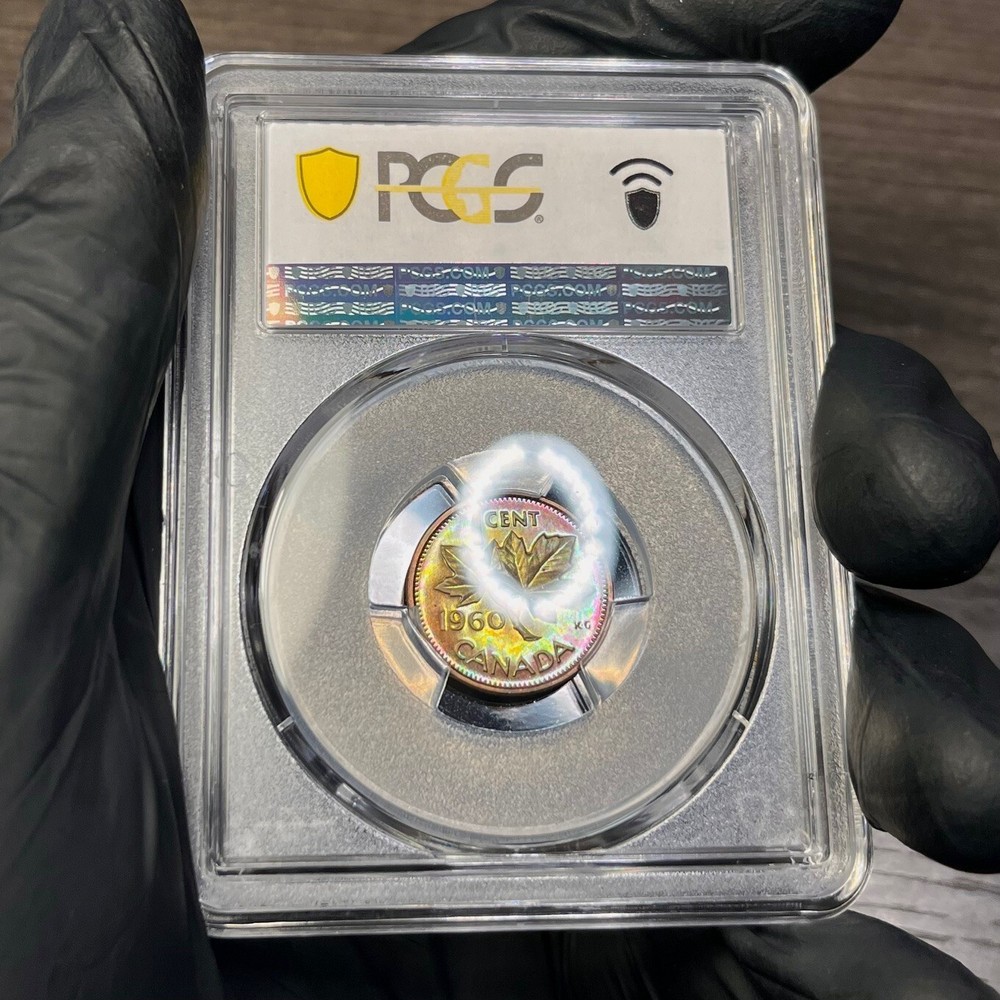 PL64BN 1960 1C Canada Maple Leaf Proof Cent, PCGS Trueview- Rainbow Toned