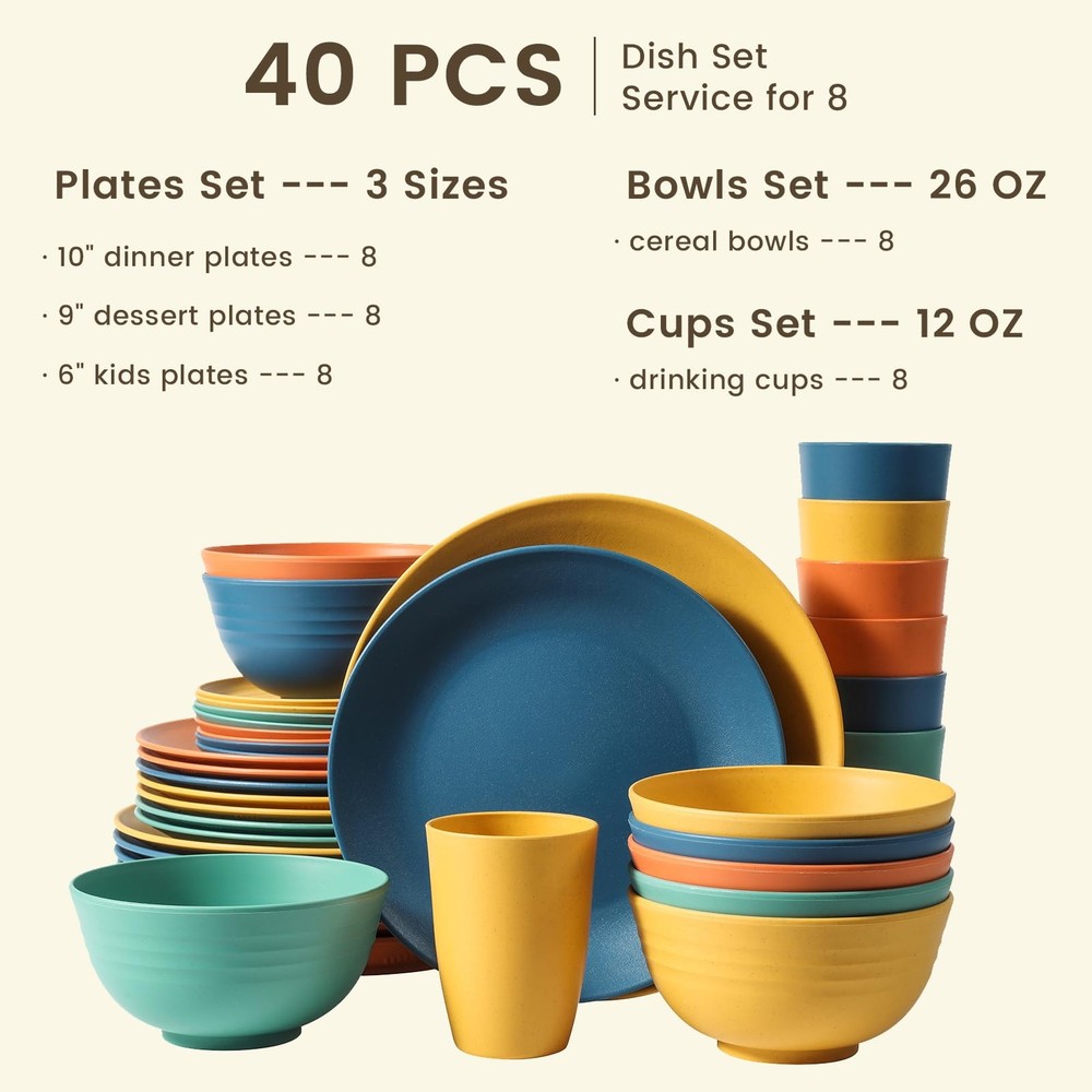 40-Piece Premium Wheat Straw Dinnerware Sets, for 8, Unbreakable Plates and B...
