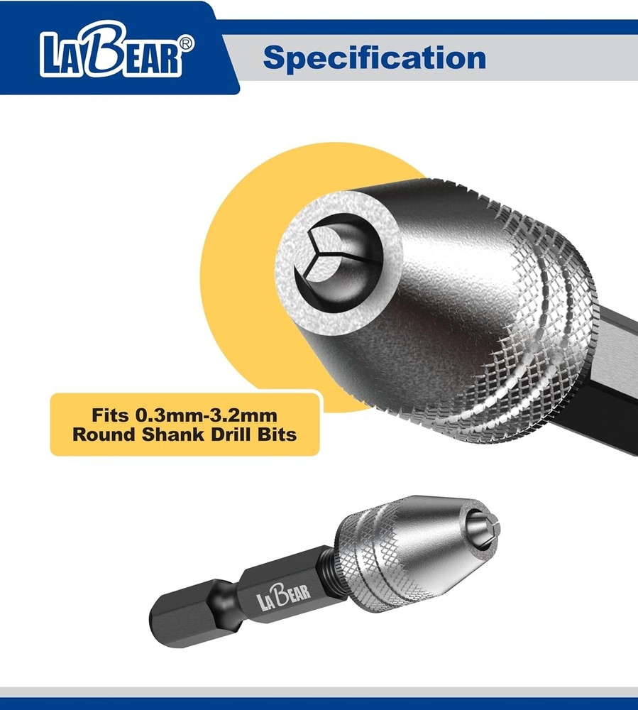 LABEAR - Drill Chuck Keyless Mini Adapter ¼ Inch Hex Shank