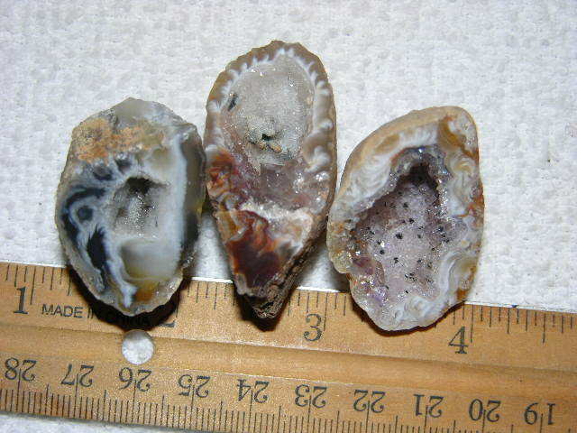 3 Agate geode halves cut & polished with druzy centers W6