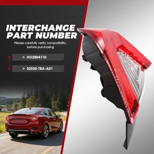 Outer Tail Light Halogen Left Side Compatible with Civic Sedan 2016-2020 w/o