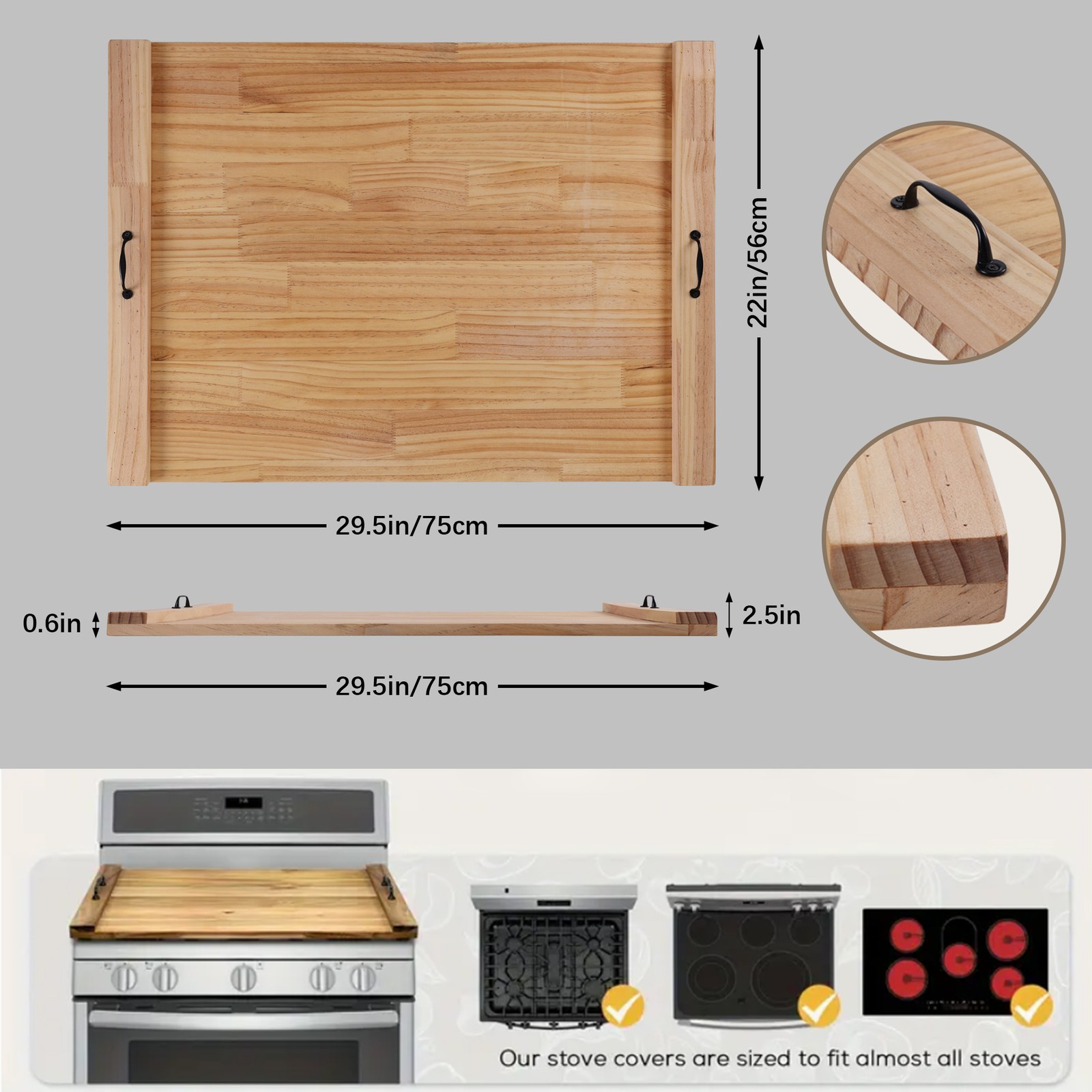 Wood Stove Top Cover Pine Noodle Board w/ Handles for Gas Electric Stove Top 30"