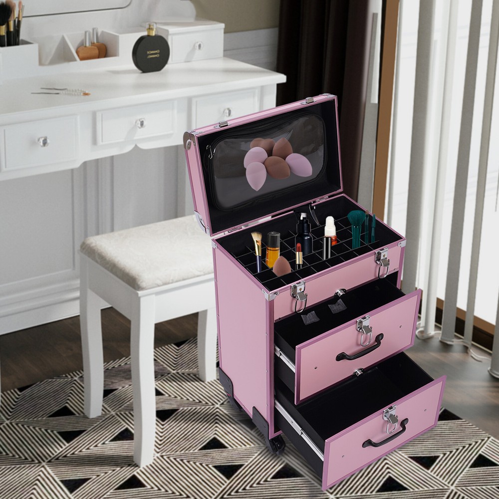 Cosmetic Pro Rolling Makeup Train Case Aluminum Trolley Train Case Box Organizer