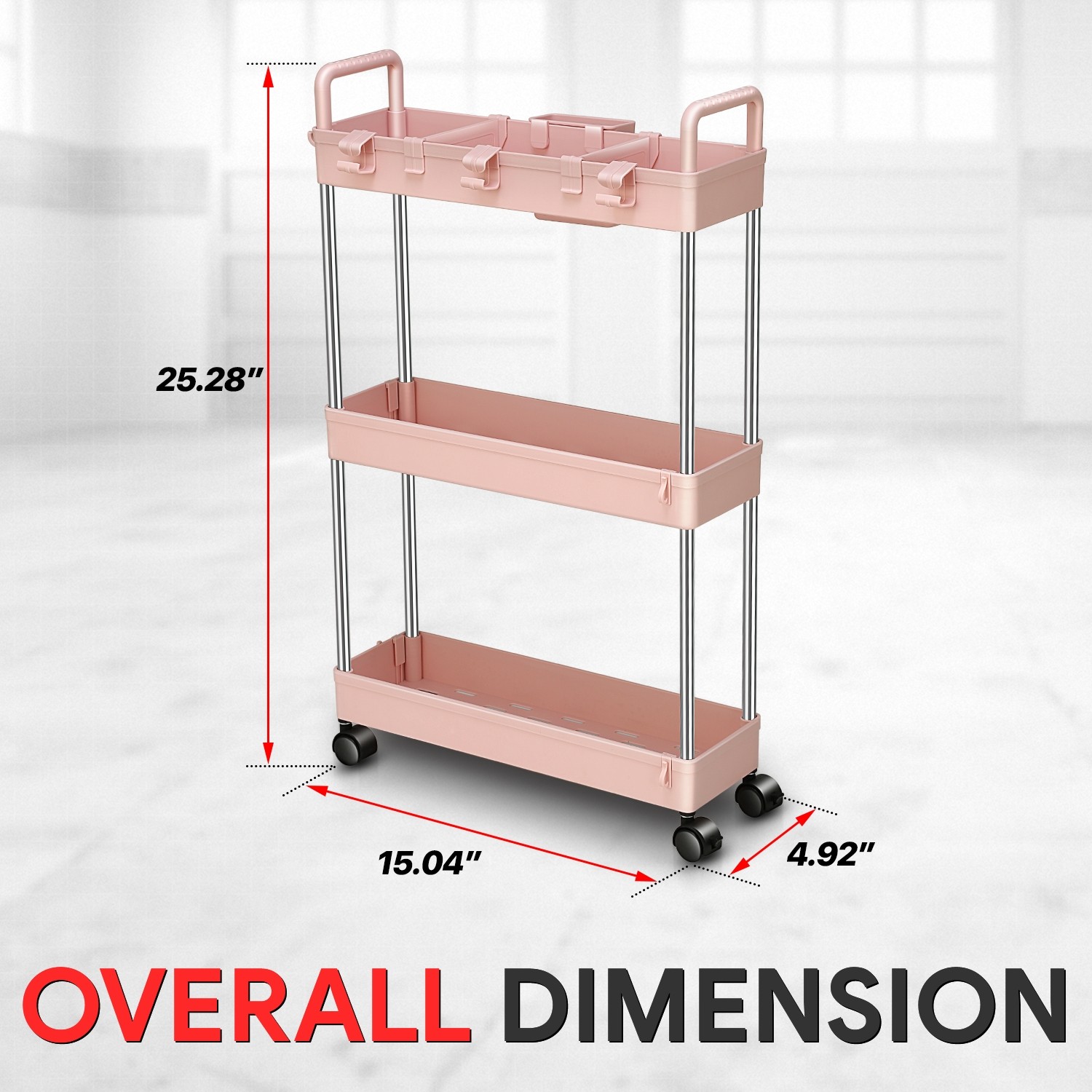 3 Tier Slim Rolling Storage Organizer Cart for Garage Warehouse Kitchen Pink