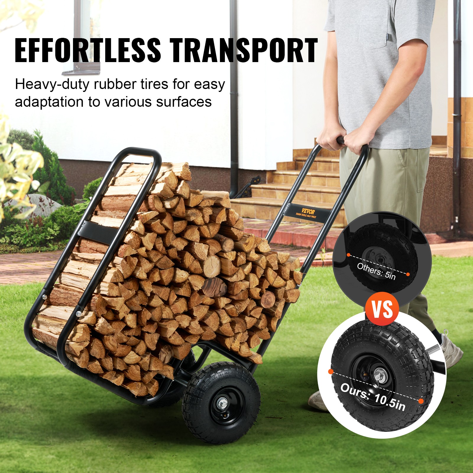 VEVOR Firewood Log Cart Wood Mover Hauler 250lbs Capacity on Rubber Wheels Dolly