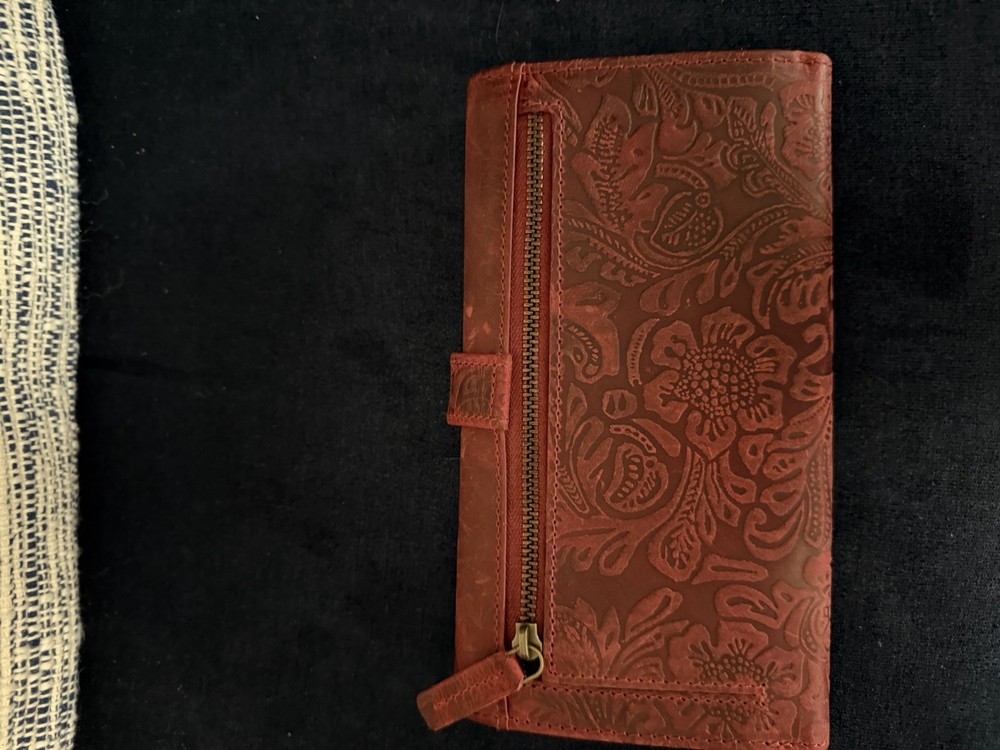 Red Floral Embossed Leather Wallet with RFID Blocking