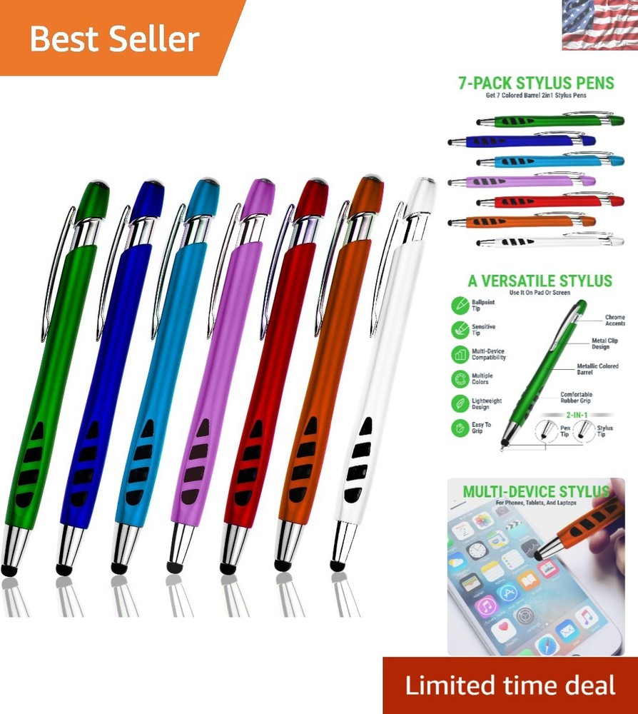 Versatile 7 Pack Stylus and Ballpoint Pens with Sensitive Tips - Assorted Colors
