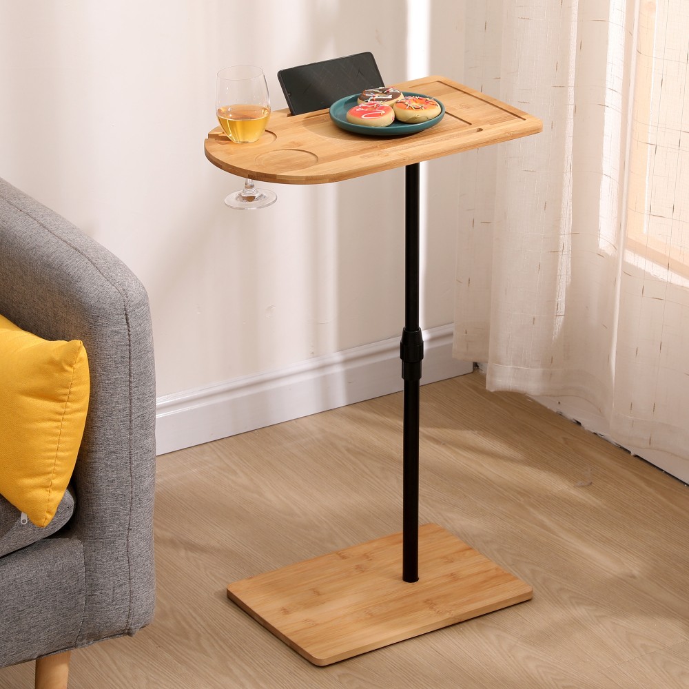 Bamboo Couch Tray Table Height Adjustable C-Shaped End Table with Slots 2 Tier
