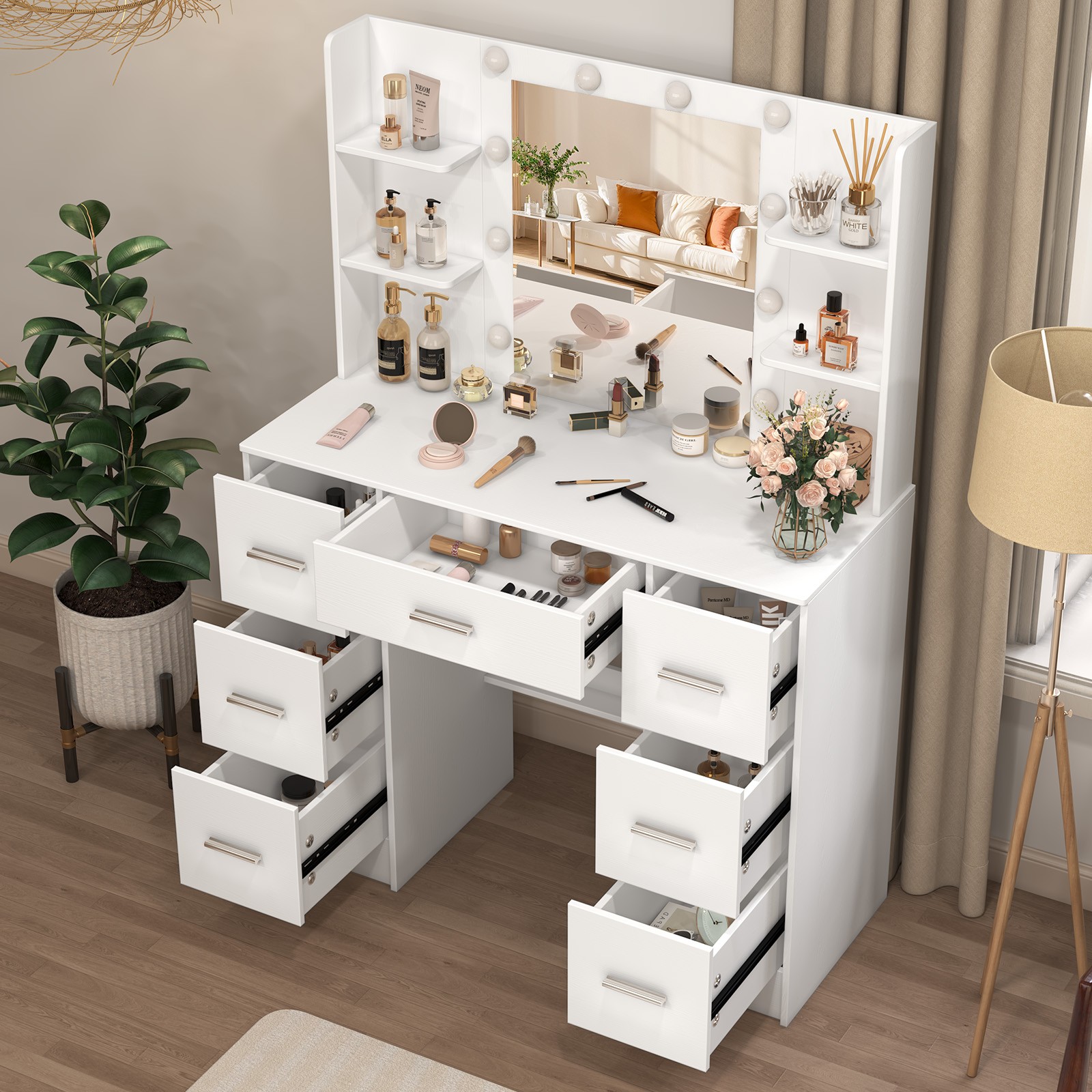 10 lights LED Mirror For Bedroom White Makeup Dressing Vanity Table For Gifts US