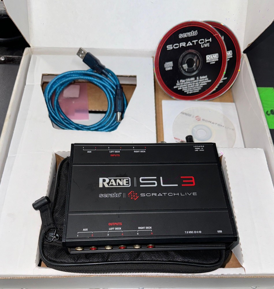 Rane Serato SL3 Scratch Live DJ audio interface, timecode vinyl, CD, travel case