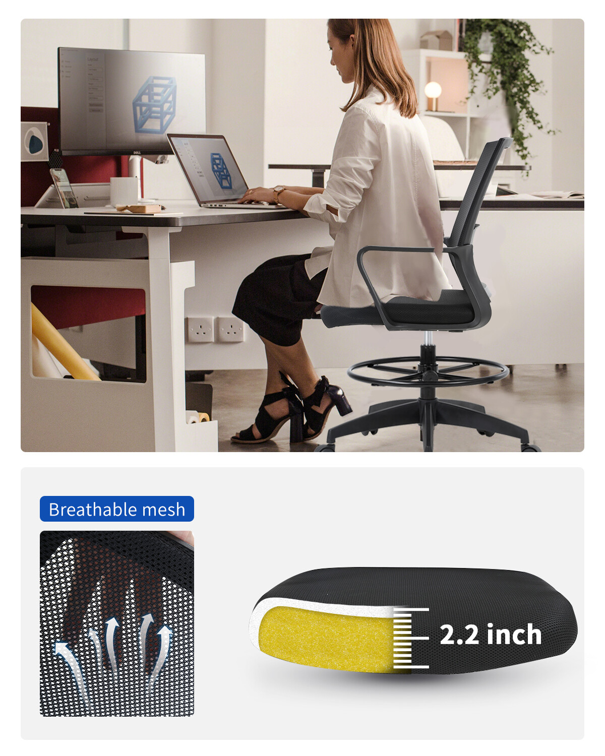 Drafting Chair Tall Office Chair Adjustable Height with Lumbar Support Arms Foot