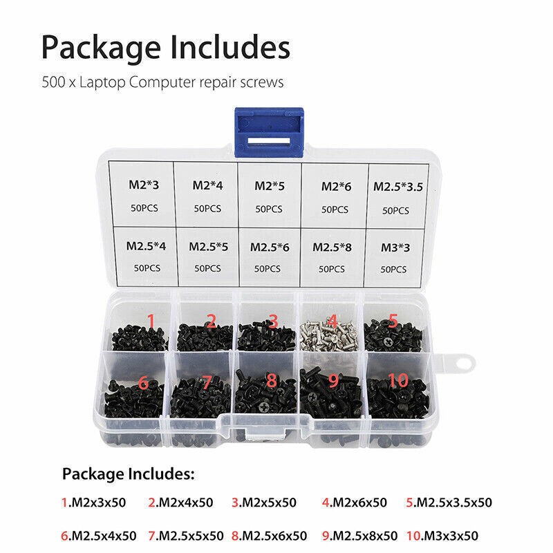 500Pcs Universal Laptop Notebook Computer Repair Screws Kit With Plastic Box