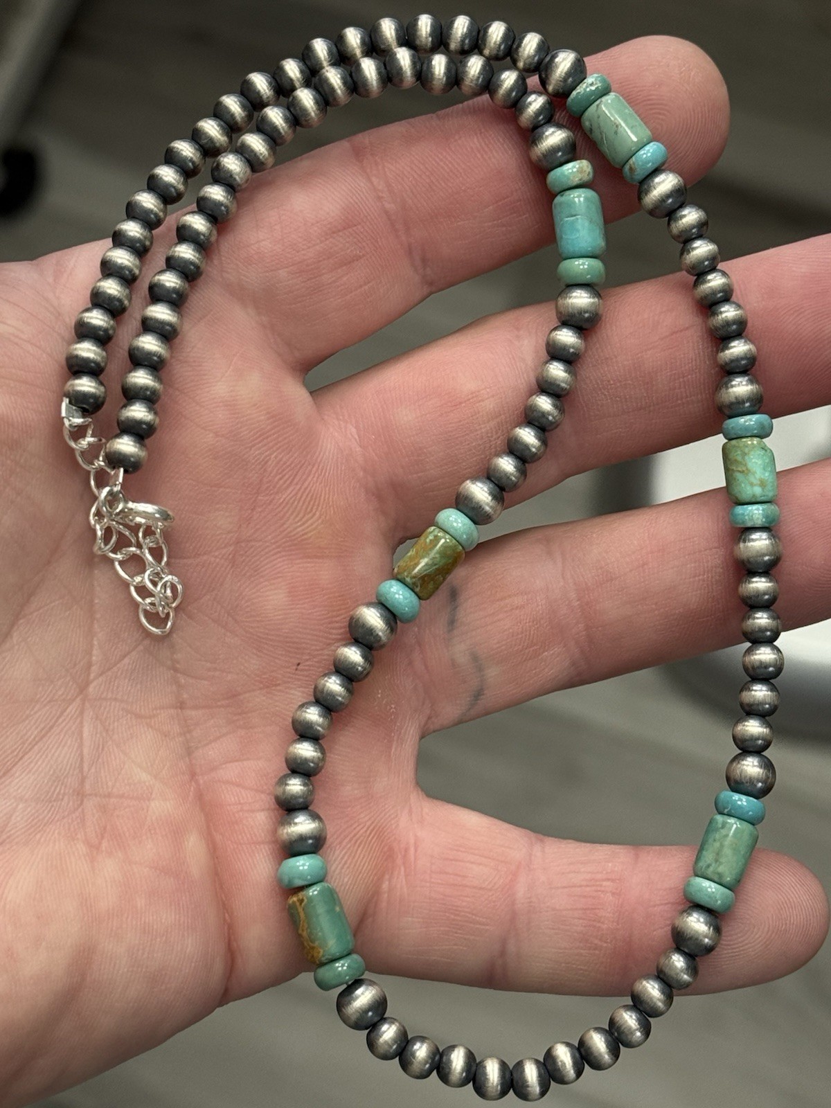 STERLING SILVER 5mm NAVAJO PEARL TURQUOISE CYLINDER BEADS BEADED NECKLACE .925