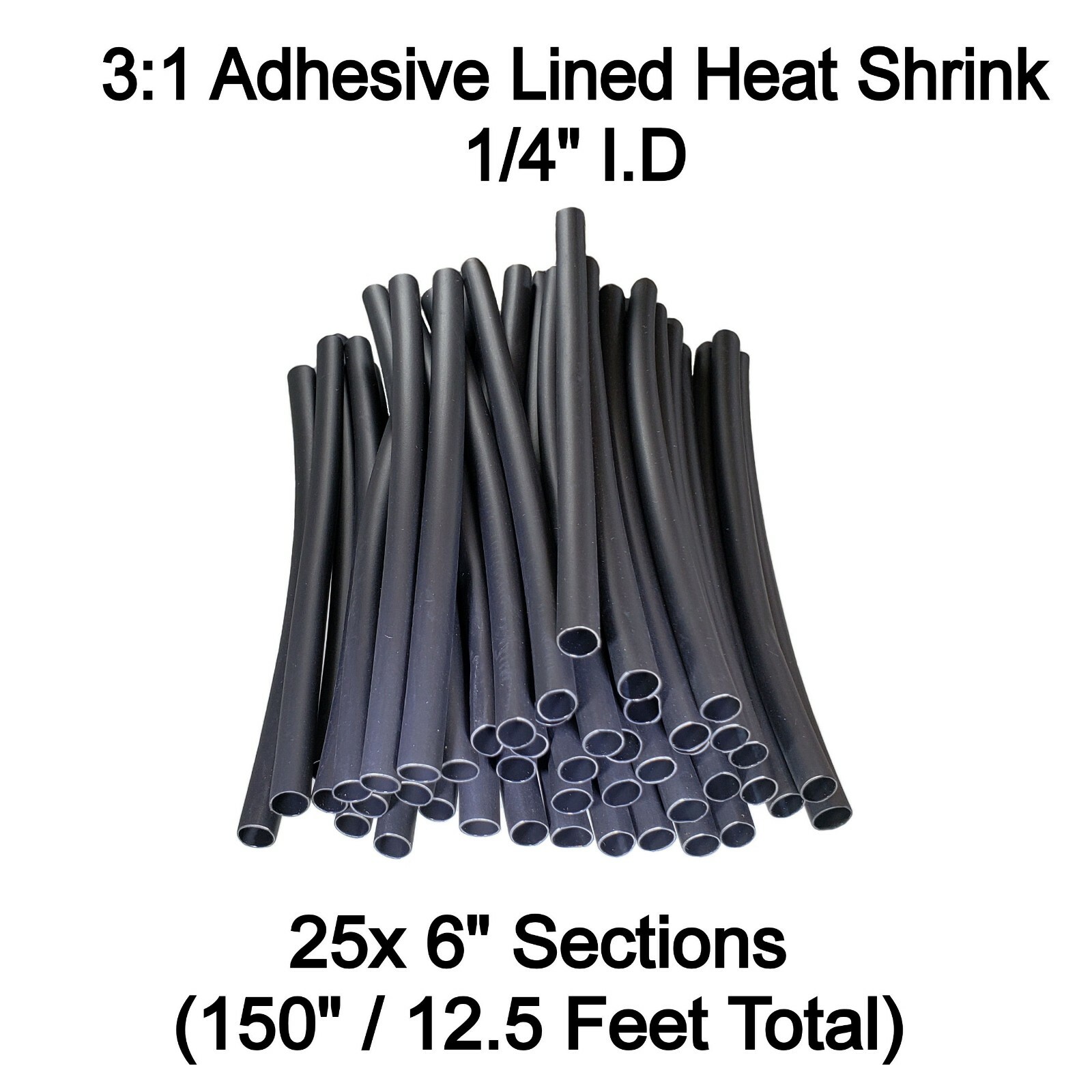 25x 6" Pcs 1/4" Black 3:1 Heat Shrink Tubing Adhesive Lined Dual Wall (12.5Feet)