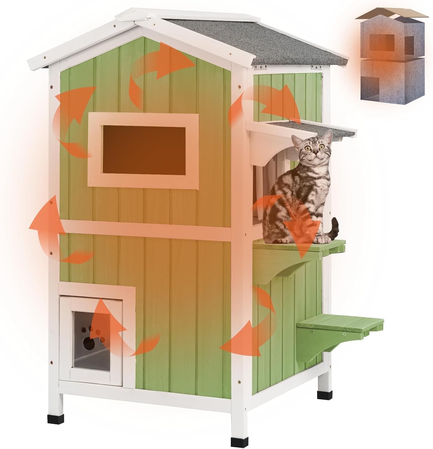 PetsCosset Insulated Cat House Outdoor Shelter Two Story Wooden with Roof,Green