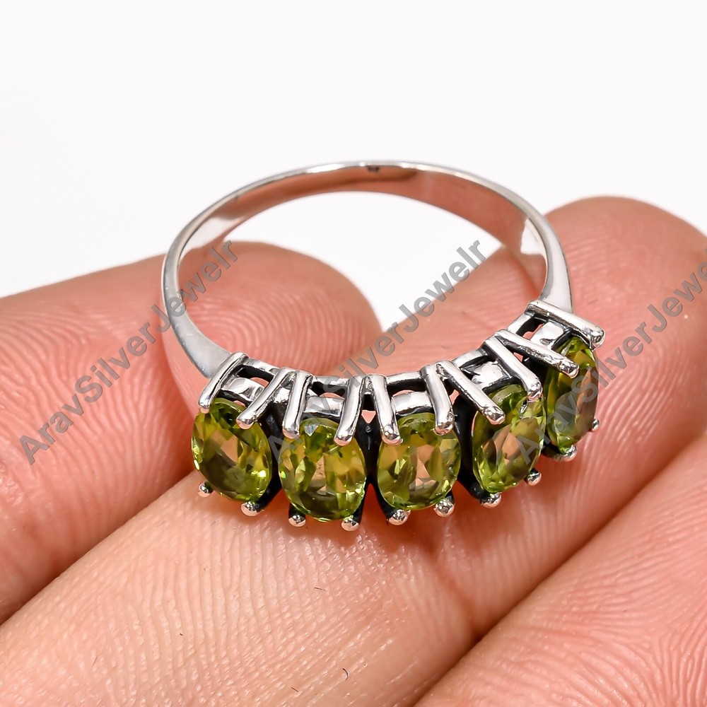 Five Green Peridot Cut Stone Ring 925 Sterling Silver Handmade Statement Ring
