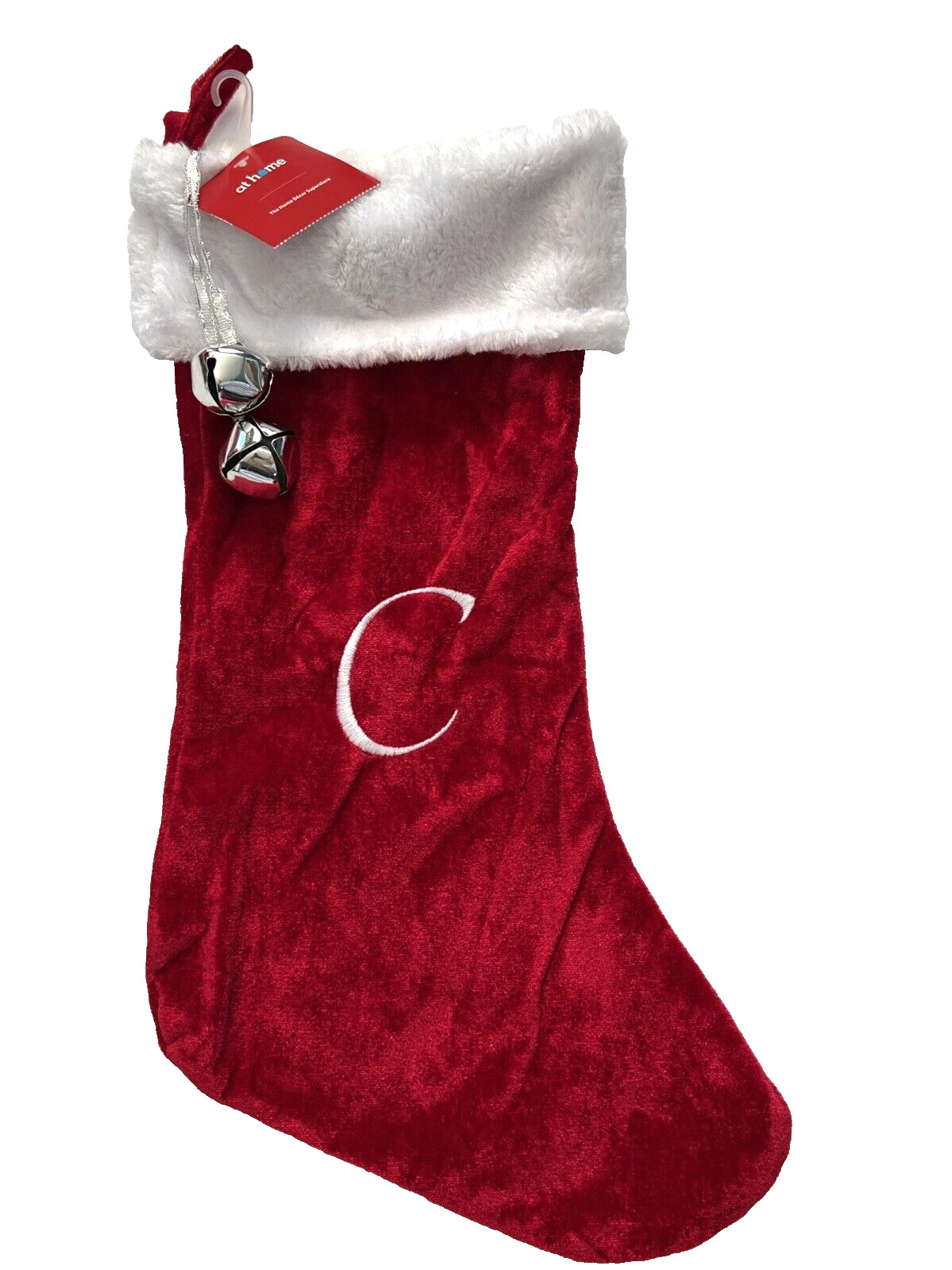 Christmas Stocking Monogram Initial C Red Plush White Cuff Jingle Bells At Home