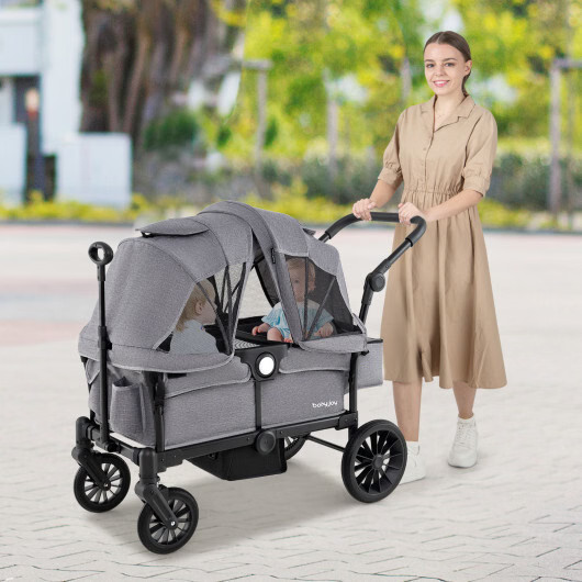 2 Seater Push Pull Collapsible Kids Wagon Stroller with Adjustable Handlebars-Bl