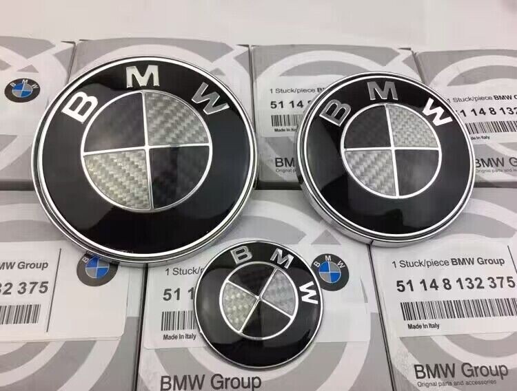 BMW Carbon Fiber Black White 82mm Front 74mm Rear Emblem Badge w/Grommets E F G