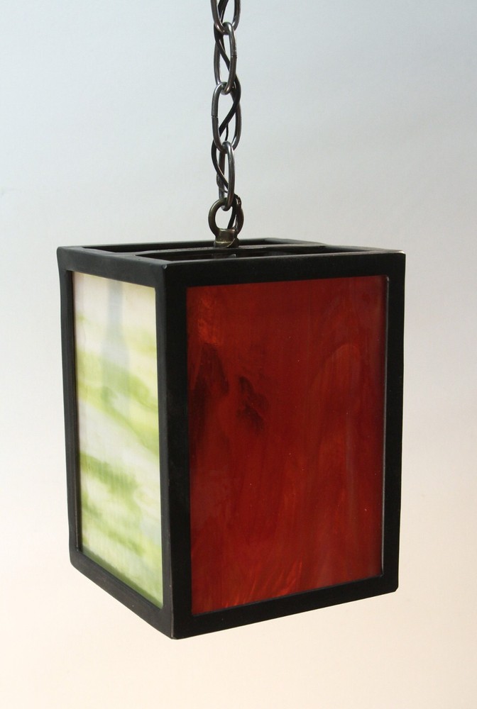 Modern Iron Lantern Pendant Light with Stained Glass