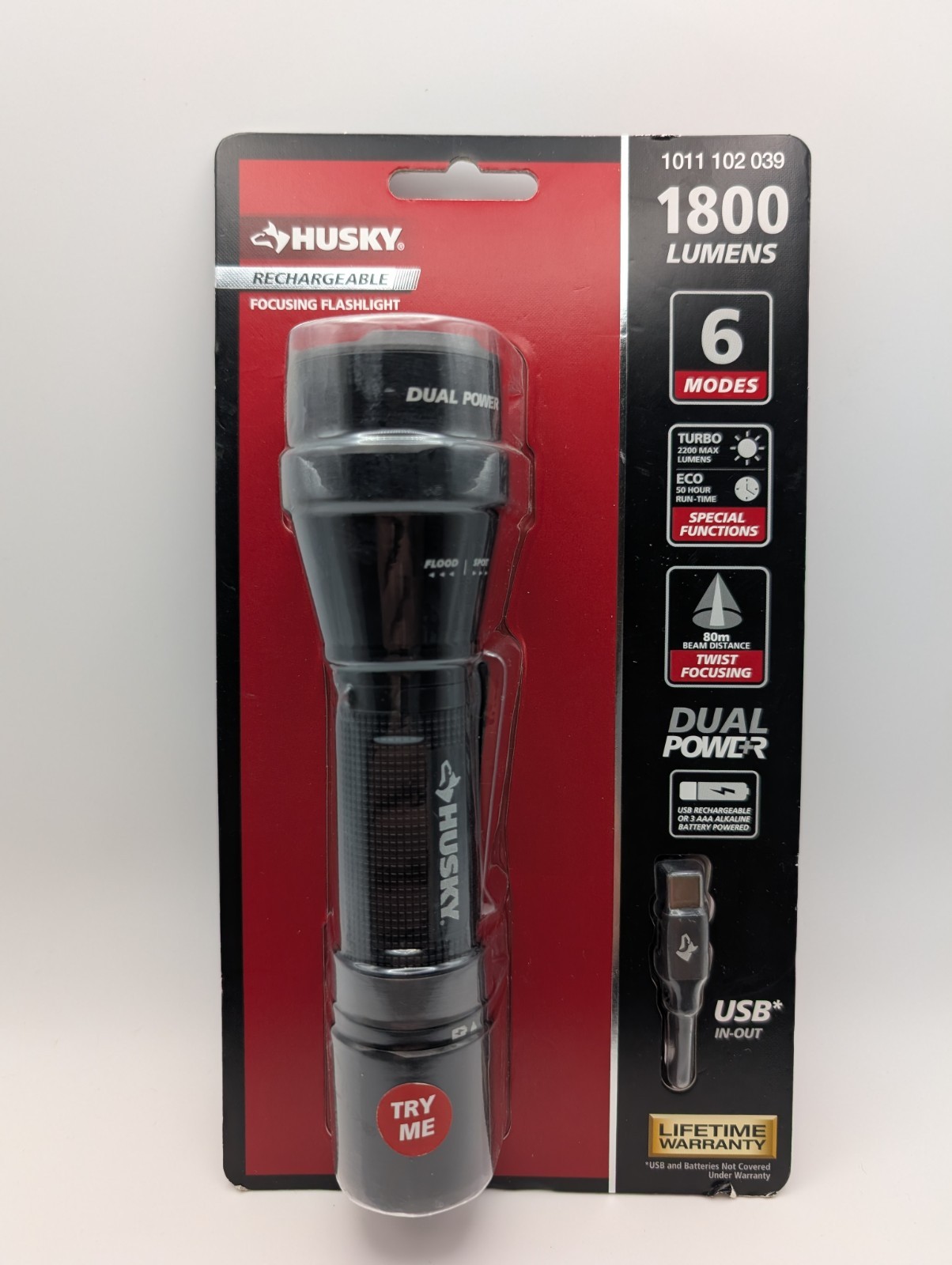 Husky 1800 Lumens Dual Power LED Rechargeable Tactical Focusing Flashlight