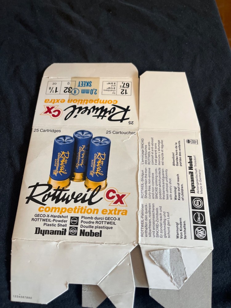 Rottweil CX German 12ga.shotgun shells empty box