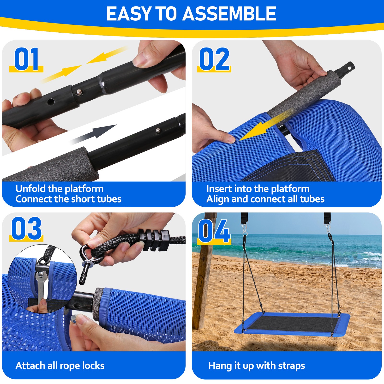 60" Rectangle Platform Tree Swing for Kids and Adults with 2 Hanging Straps Blue