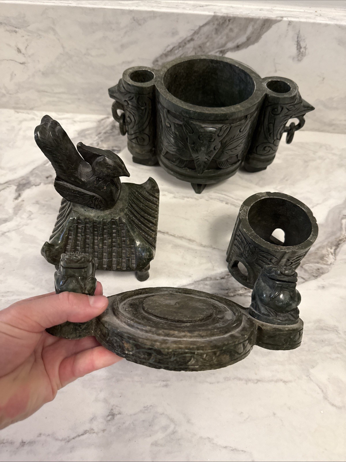 Large Vintage Chinese Deep Green Nephrite Jade Incense Burner 14”