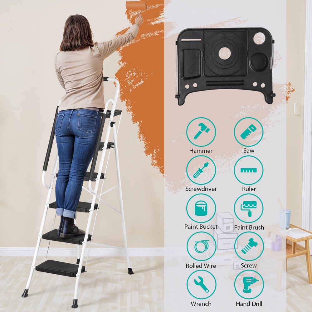 Folding 5 Step Ladder Sturdy Step Stool w/ Multi-Functional Tool Tray Household