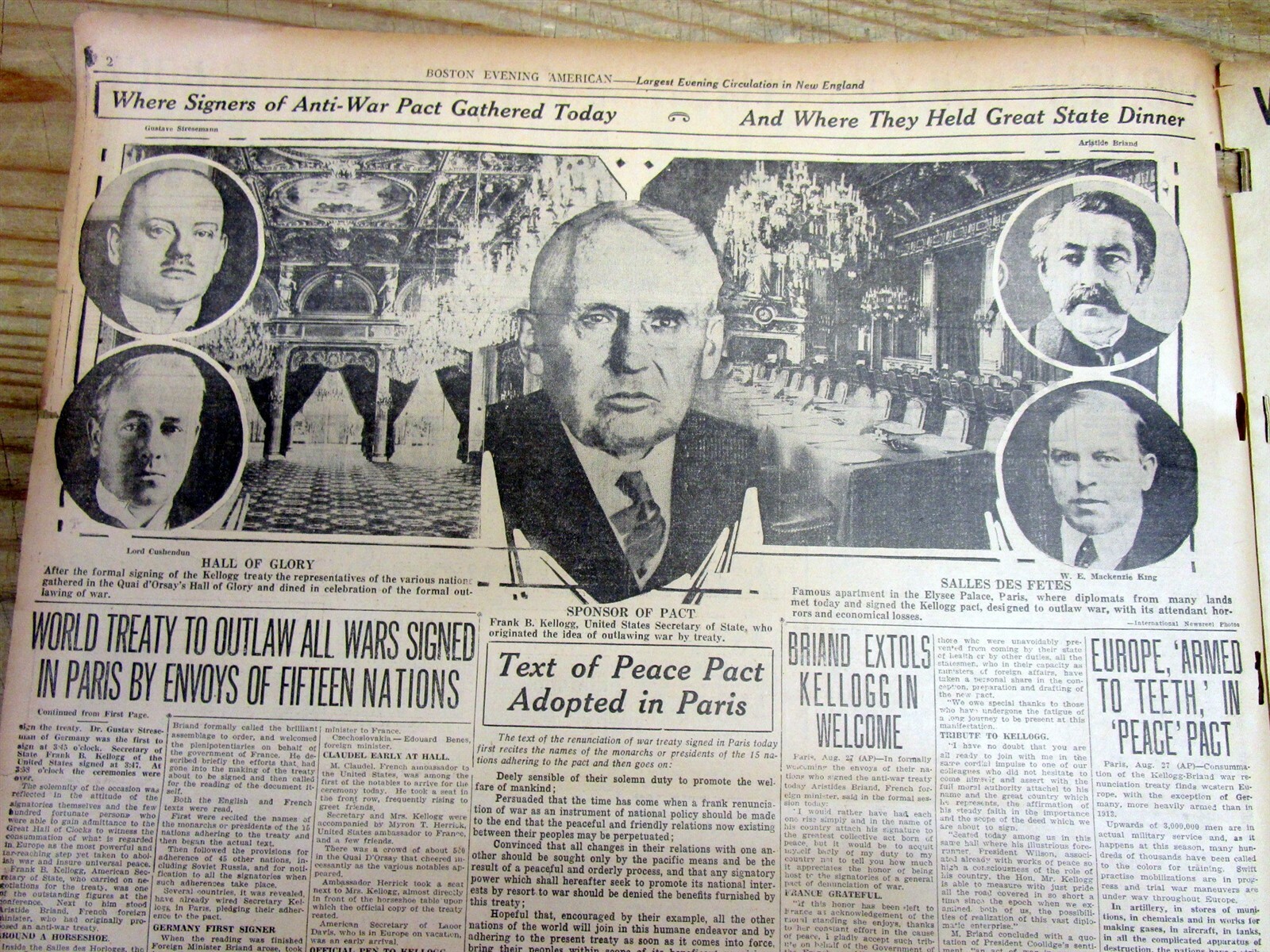 1928 newspaper WAR IS OUTLAWED BETWEEN NATIONS by THE KELLOGG-BRIAND PEACE PACT
