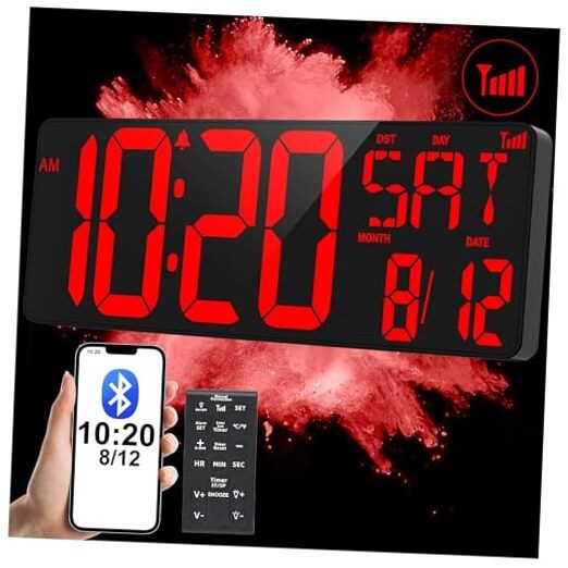 17.2" Large Digital Wall Clock Bluetooth Sync Time, Precise Red With Bluetooth