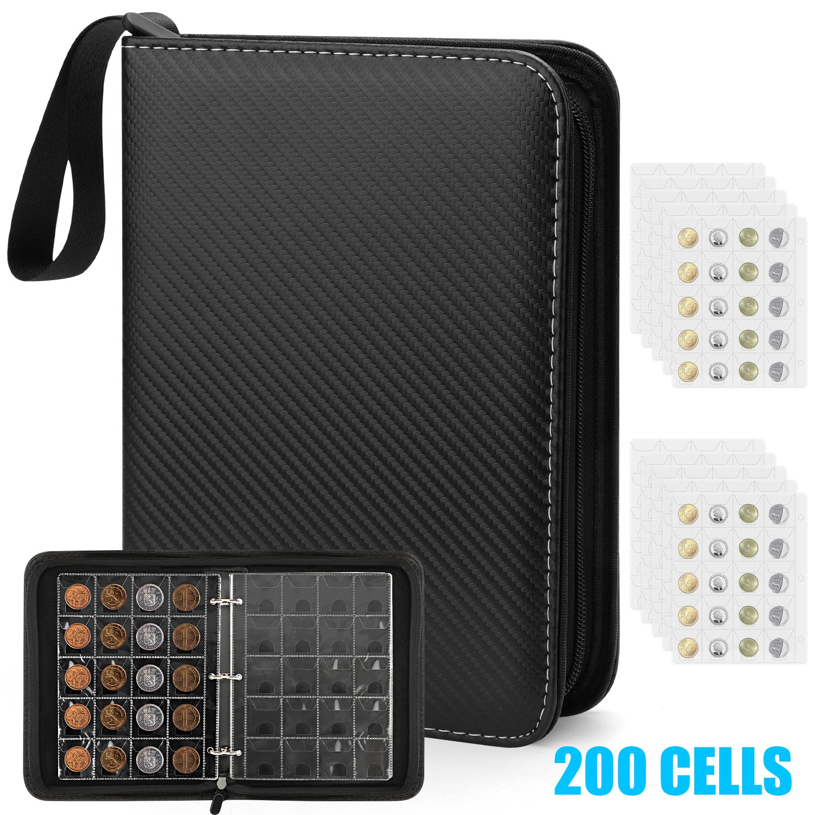 200 Pockets Coin Flip Storage Binder PU Leather Coin Collection Book with Zipper