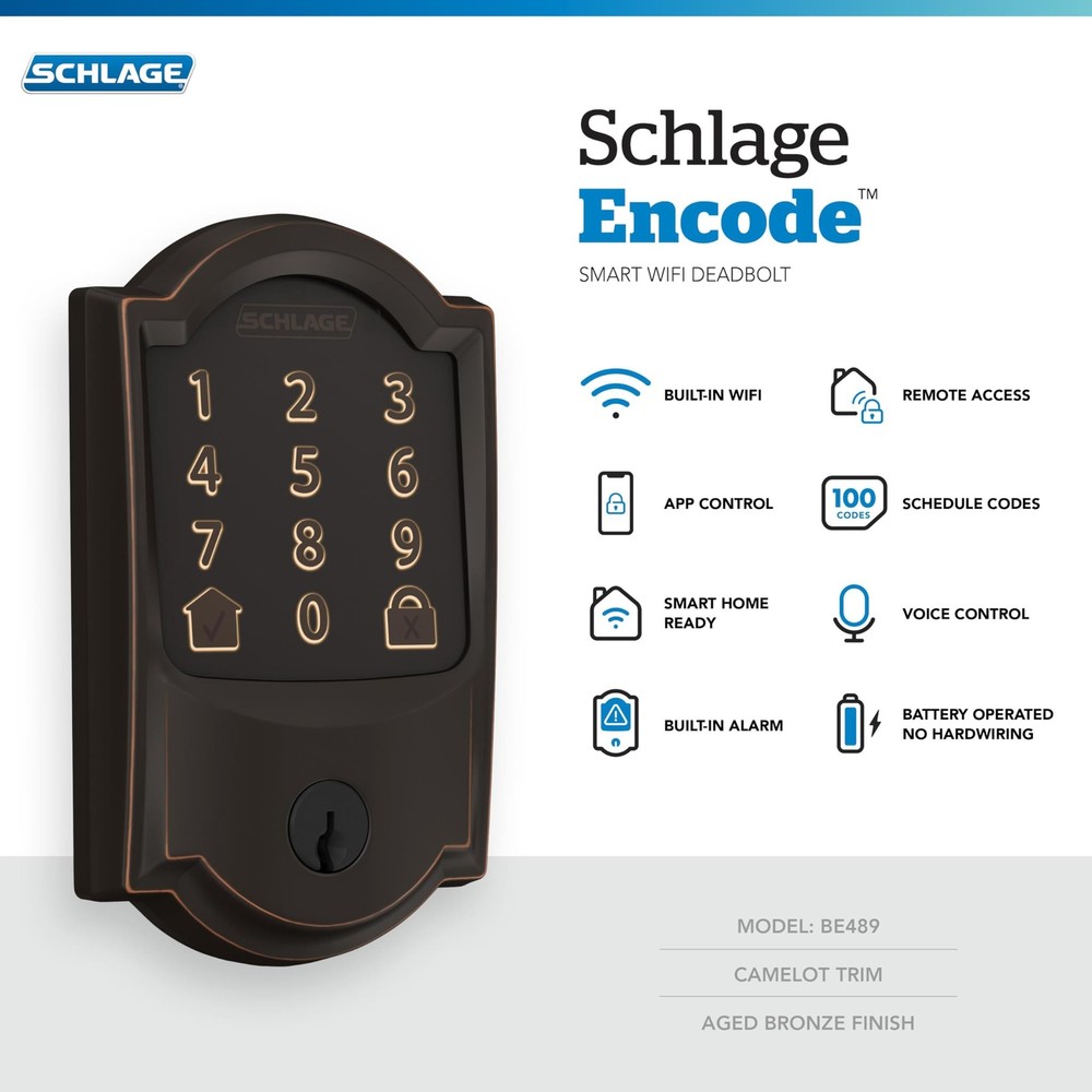 Schlage Encode Smart Wi-Fi Deadbolt with Camelot Trim in Aged Bronze