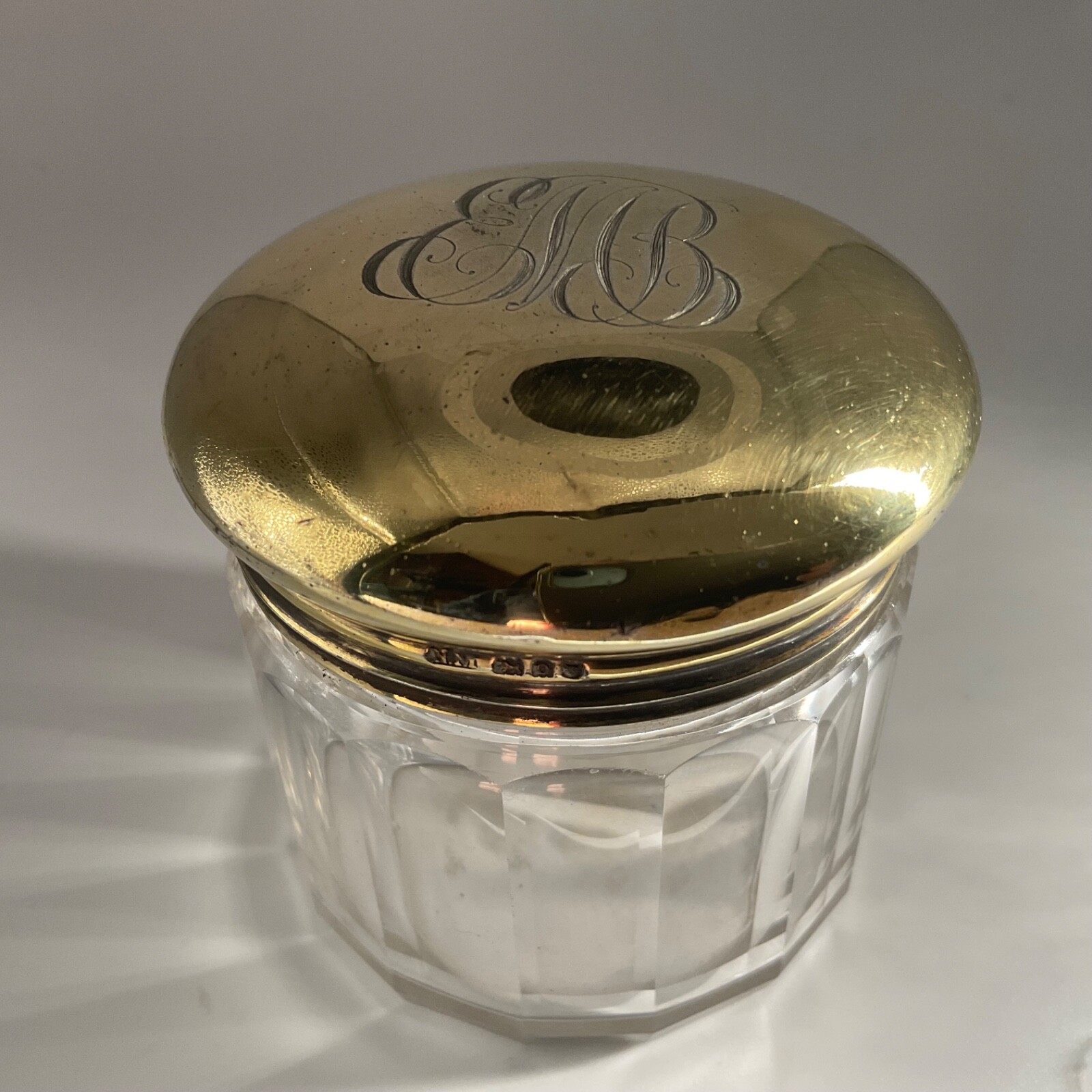 Antique London Gilt Sterling Silver Cut Glass Dresser Jar 1909 Norman Marshall