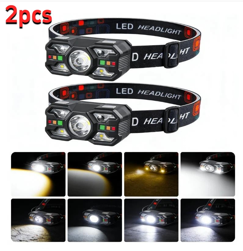 2x Headlamp Flashlight Ultra Light Bright LED Rechargeable Headlight w/ 5 Modes