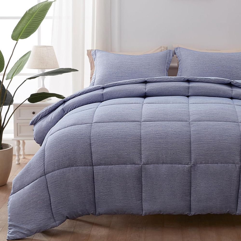 Queen Comforter Set 3 Pieces Navy Blue Soft Luxury Cationic Dyeing Comforter for
