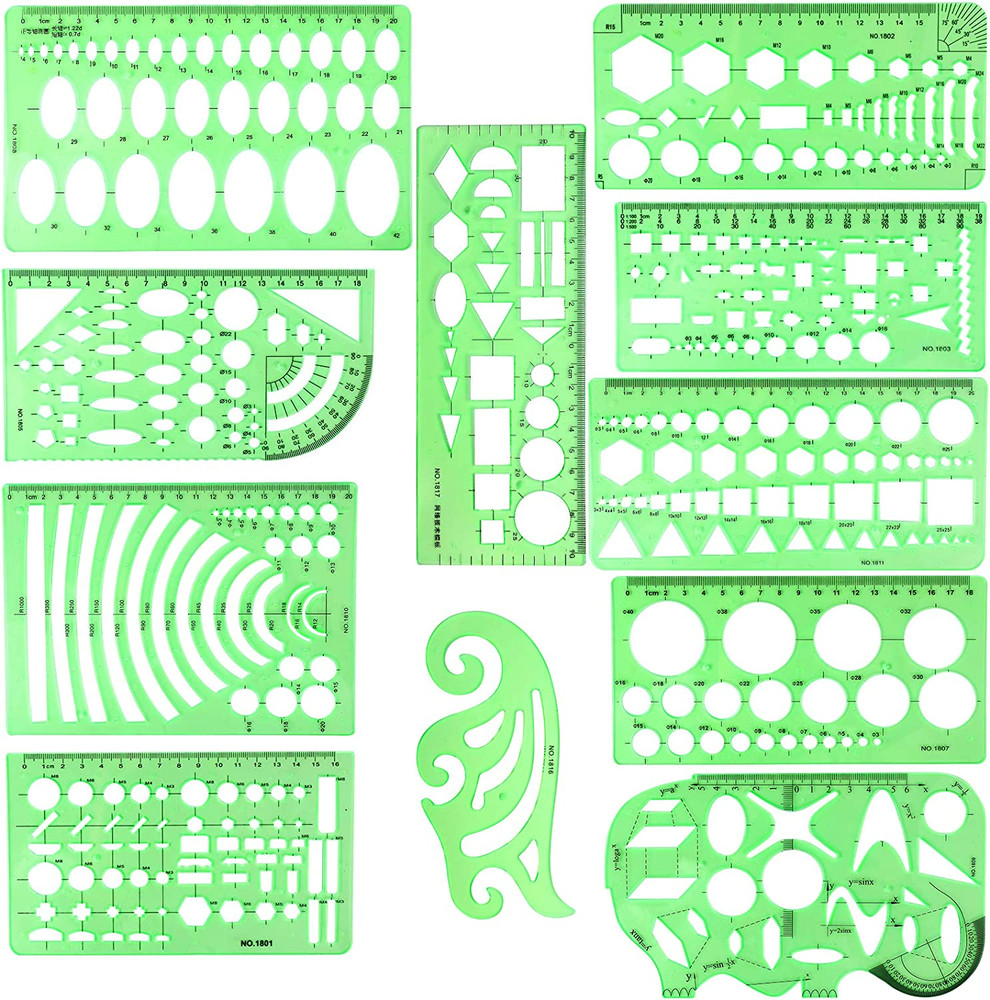 11PCS Geometric Drawings Templates Drafting Stencils Measuring Tools Plastic