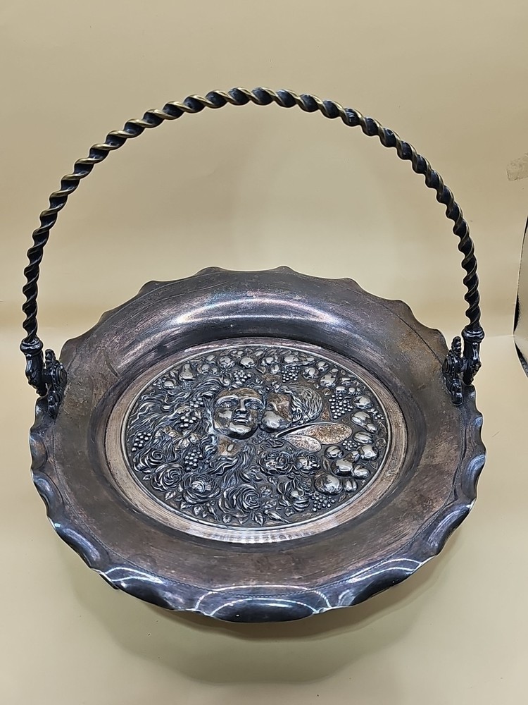 Antique Victorian Tufts Quadruple Plate Silver Brides Basket w Handle Footed