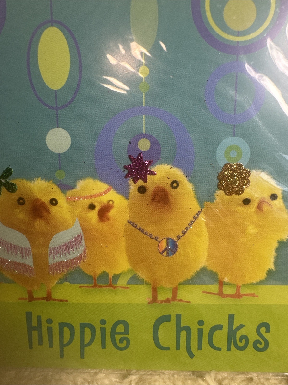Papyrus Easter Card Hippie Chicks Peace Glitter Flowers Headbands Mod Groovy