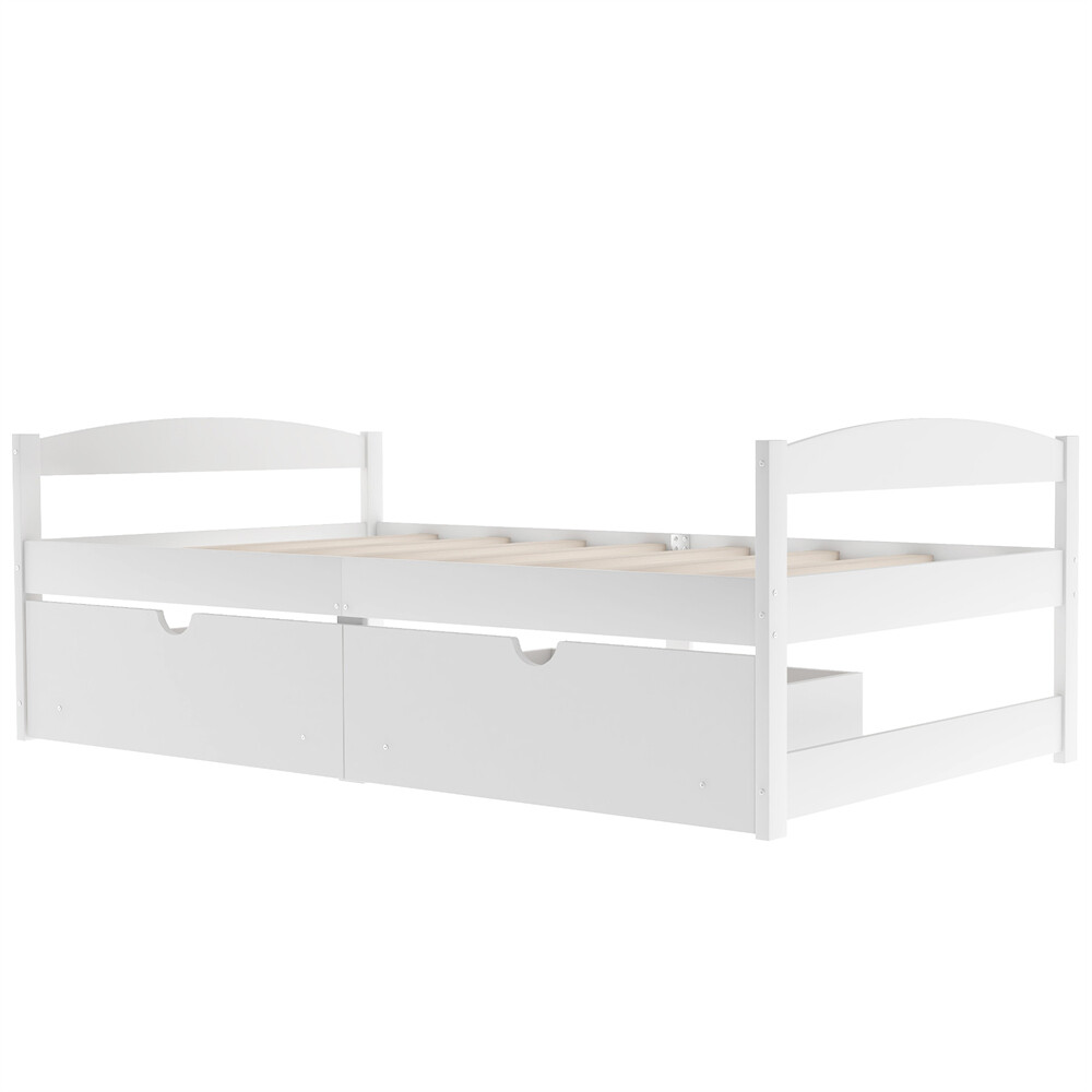 Twin Size Platform Bed Two Drawers White Solid Wood Frame Simple Single-layer