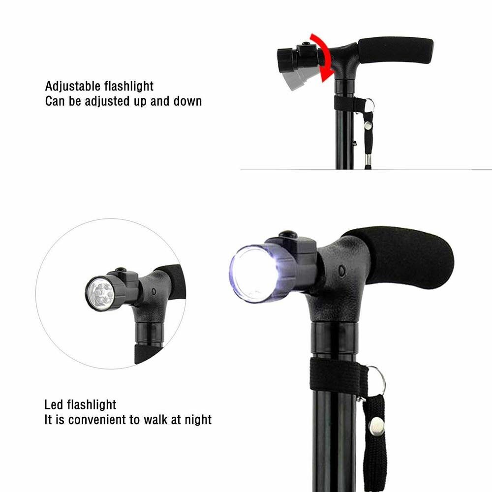 LED Walking Stick Cane All Terrain Pivoting Base Folding Pole Adjustable Height