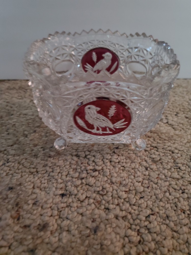 Excellent Hofbauer Red Byrdes Germany Lead Crystal Footed Candy Dish!
