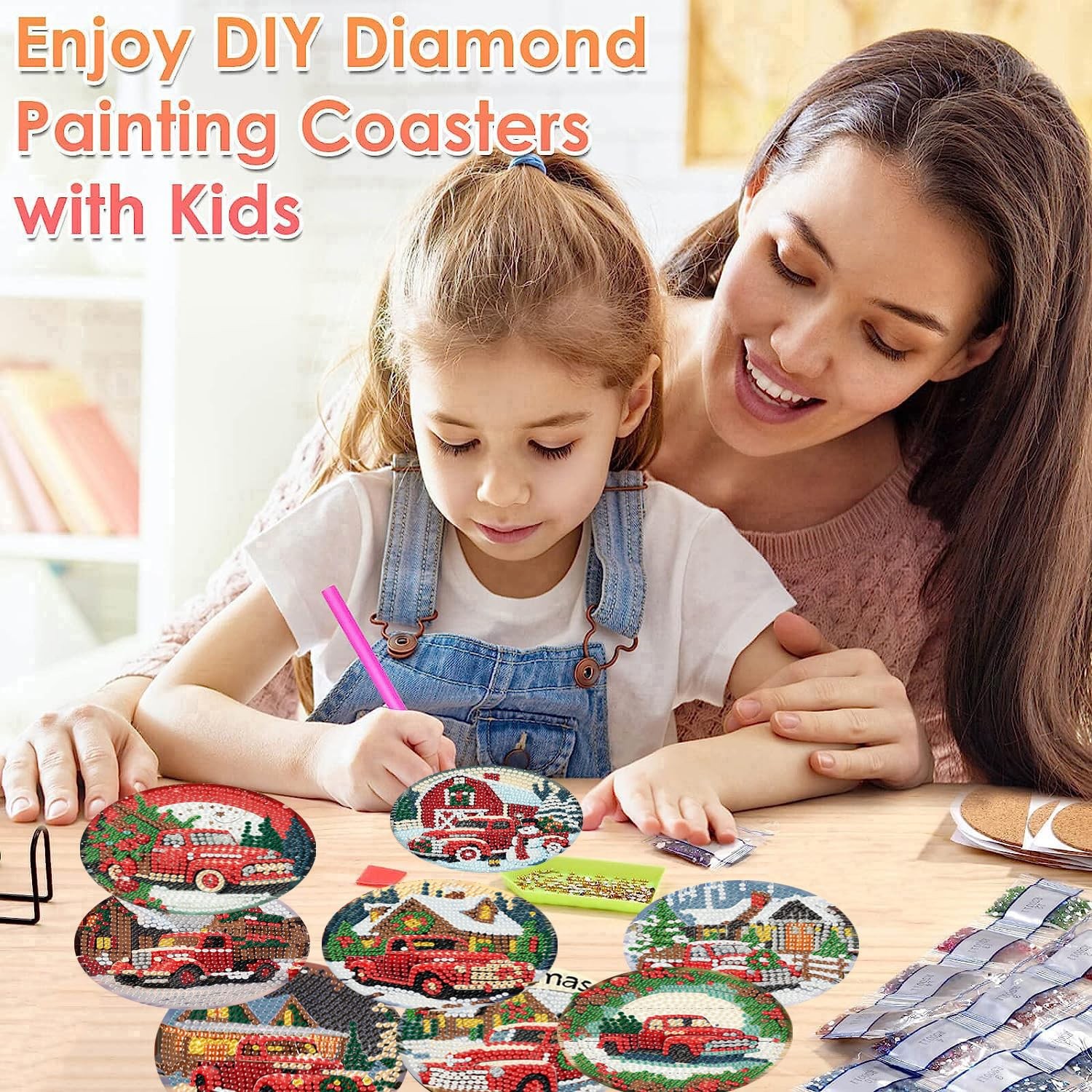 ijbnhd 8 PCS Christmas Diamond Art Coasters Kit, 4X4X0.1, Truck
