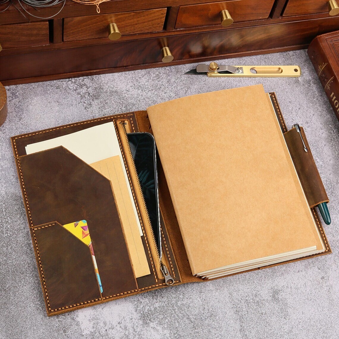 Personalized genuine leather travel journal A5 refillable notebook organizer