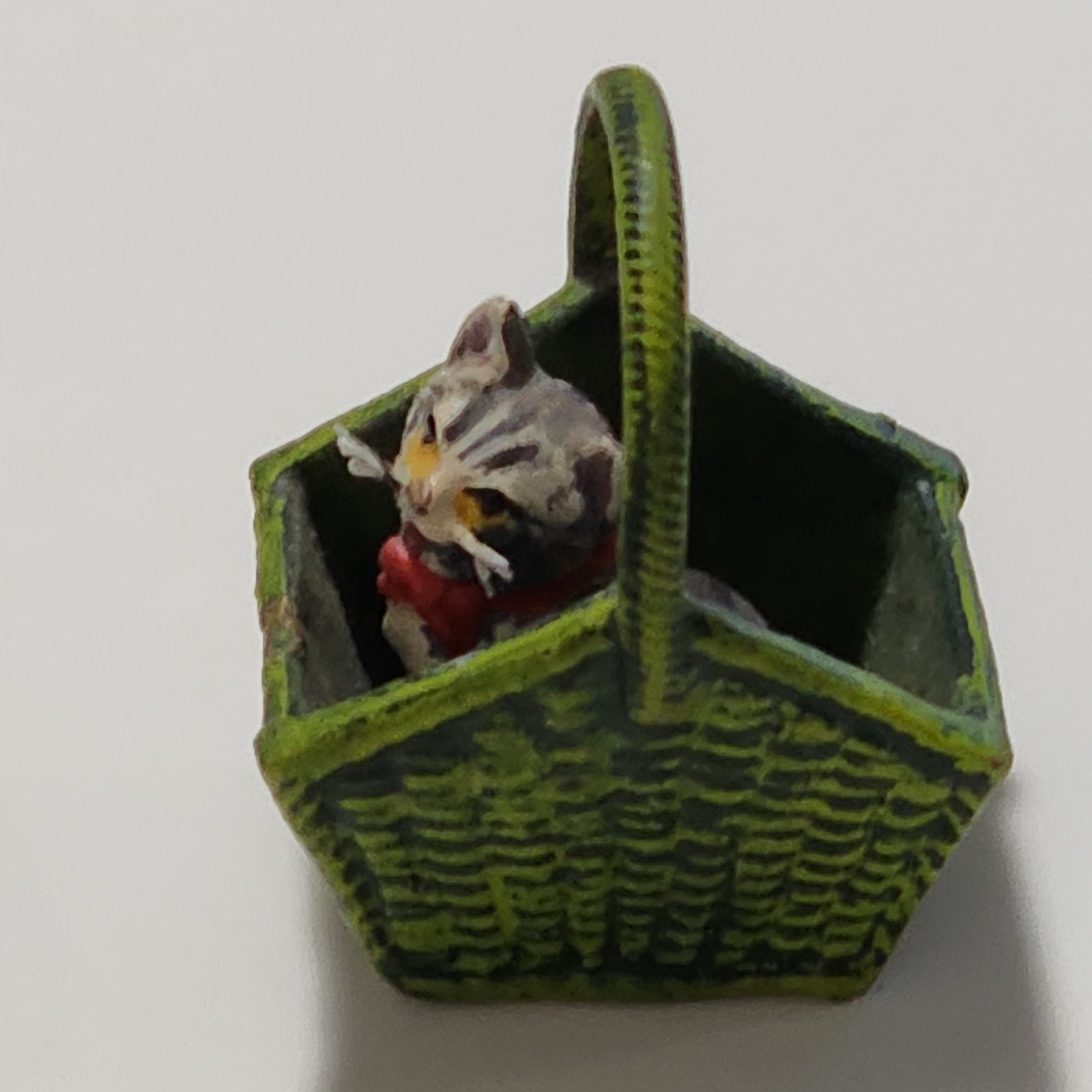 Bermann Vienna Bronze Cold Painted Kitten in Green Basket Figurine